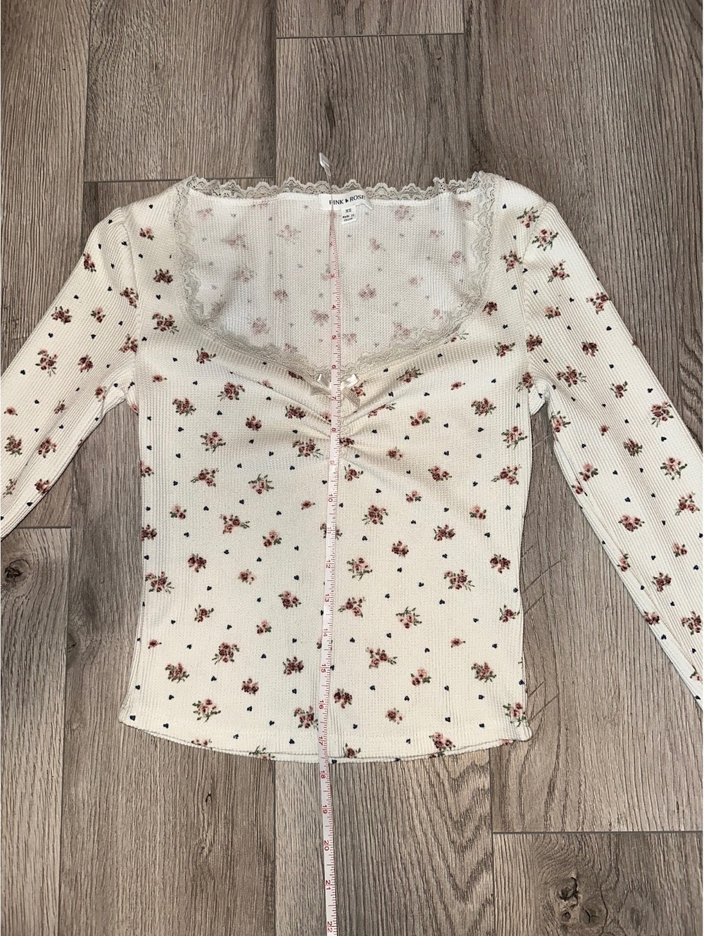 Pink Rose Women's XS Floral Long Sleeve Ribbed Top with Lace Trim